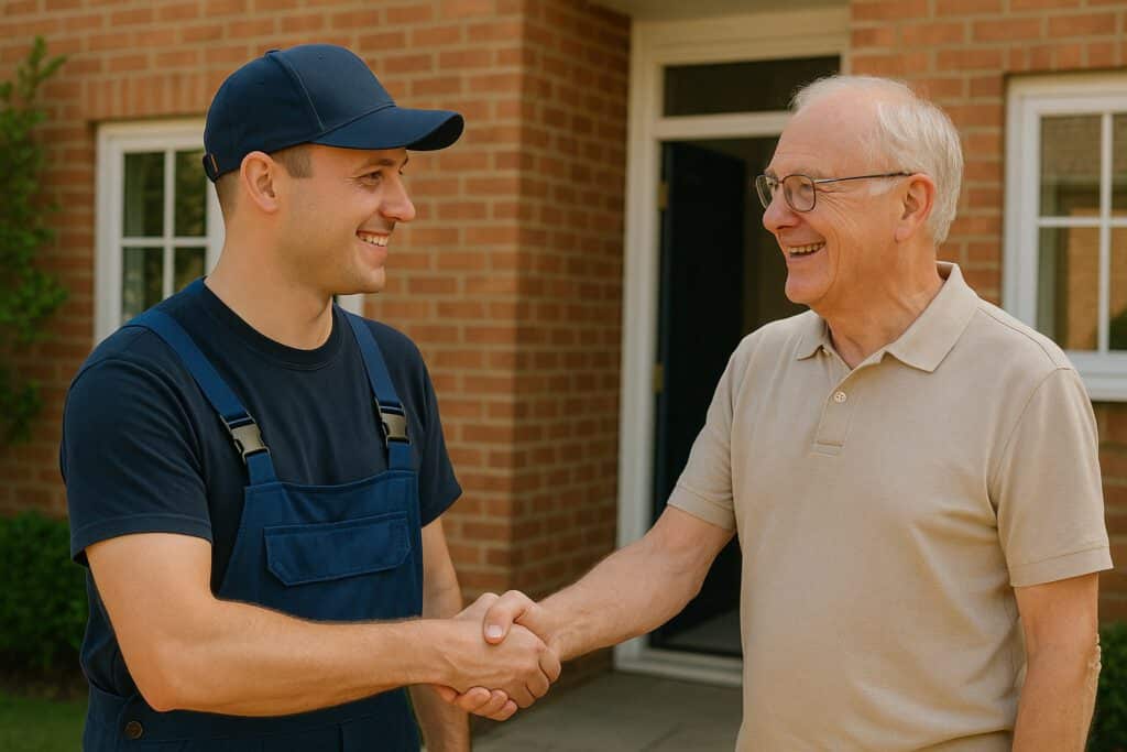 householder and window cleaner shaking hand.